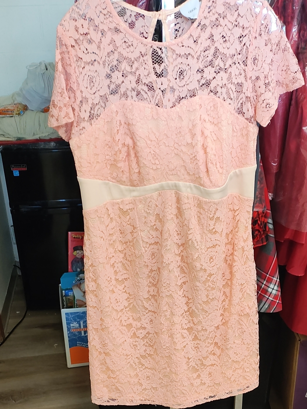 ASOS Maternity Peach Lace Mini Dress with contrast Waistband, Size 8